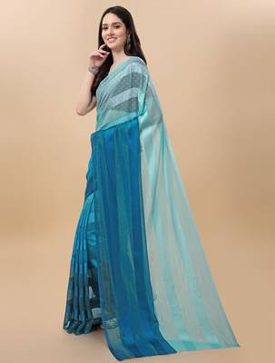 Light blue satin embroidered zari work saree with blouse 3