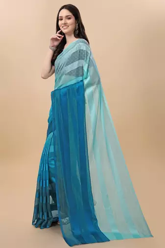 Light blue satin embroidered zari work saree with blouse