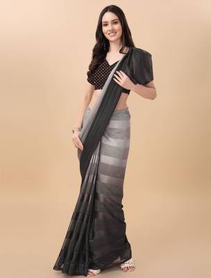 Grey satin embroidered zari work saree with blouse 1