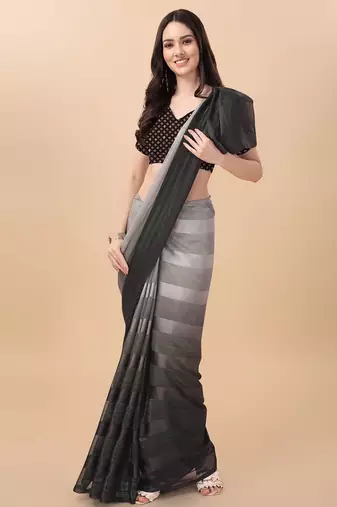 Grey satin embroidered zari work saree with blouse