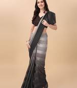 Grey satin embroidered zari work saree with blouse