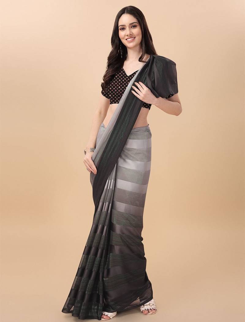 Grey satin embroidered zari work saree with blouse
