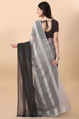 Grey satin embroidered zari work saree with blouse