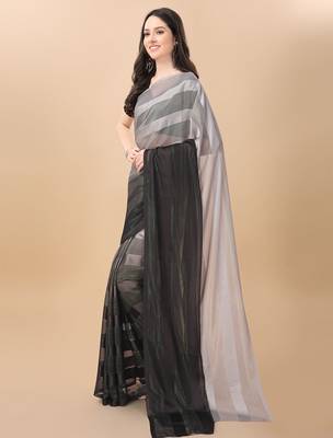 Grey satin embroidered zari work saree with blouse 3