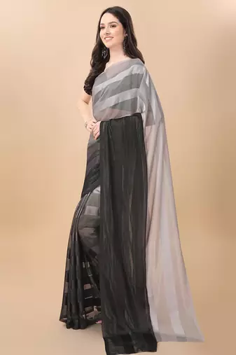 Grey satin embroidered zari work saree with blouse