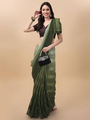 Dark green satin embroidered zari work saree with blouse 1