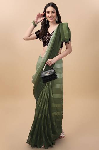 Dark green satin embroidered zari work saree with blouse
