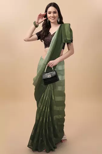 Dark green satin embroidered zari work saree with blouse