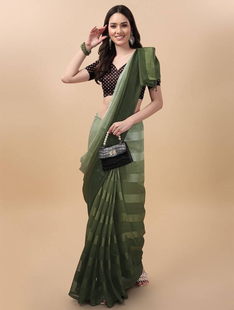 Dark green satin embroidered zari work saree with blouse