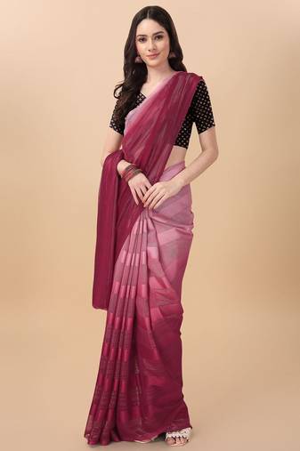 Maroon satin embroidered zari work saree with blouse