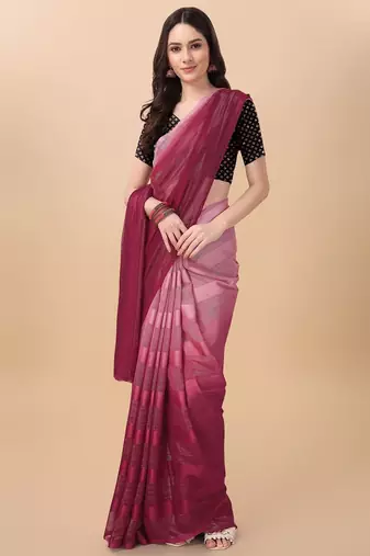 Maroon satin embroidered zari work saree with blouse