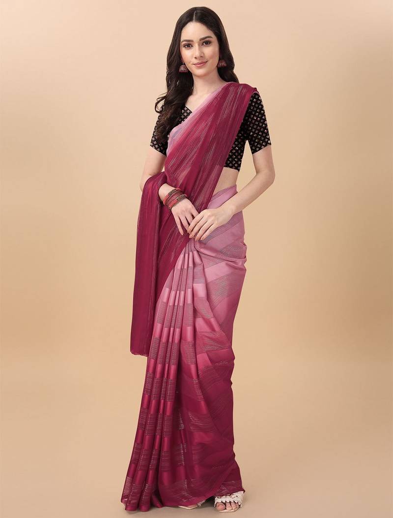 Maroon satin embroidered zari work saree with blouse