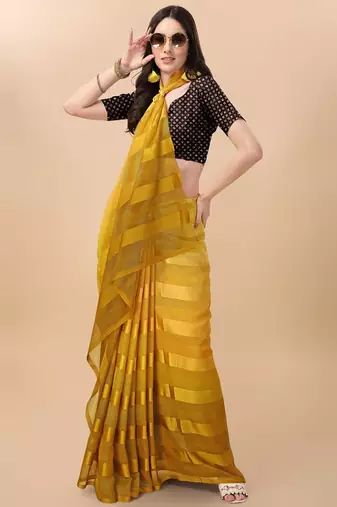 Mustard satin embroidered zari work saree with blouse