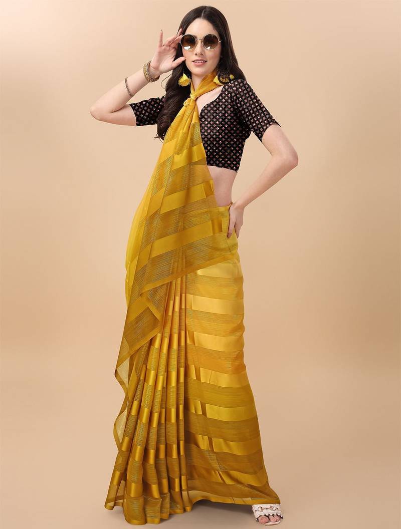 Mustard satin embroidered zari work saree with blouse