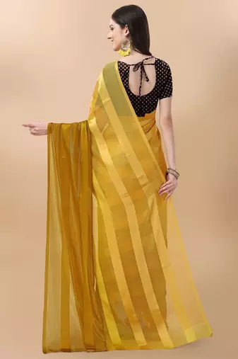 Mustard satin embroidered zari work saree with blouse
