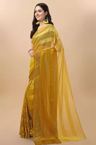 Mustard satin embroidered zari work saree with blouse