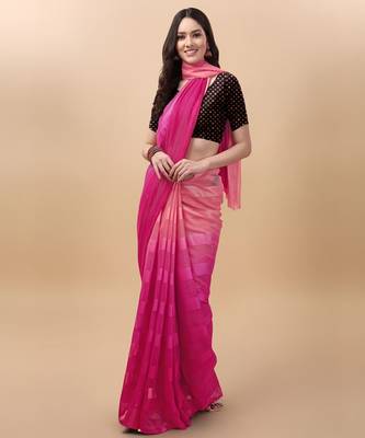 Pink satin embroidered zari work saree with blouse 1