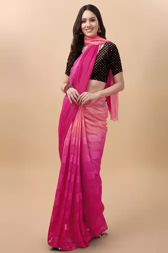 Pink satin embroidered zari work saree with blouse
