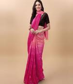Pink satin embroidered zari work saree with blouse
