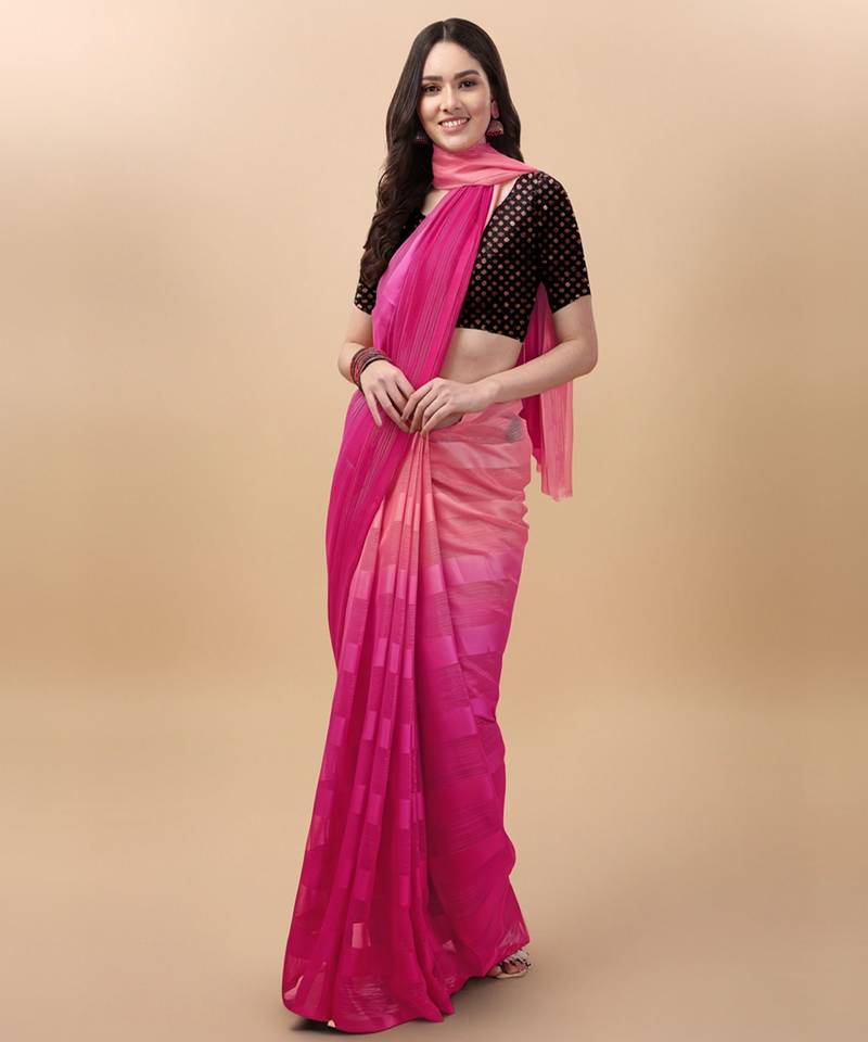 Pink satin embroidered zari work saree with blouse