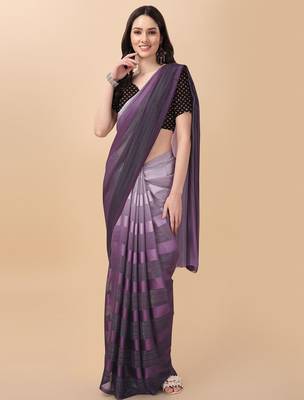 Purple satin embroidered zari work saree with blouse 1