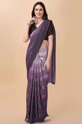 Purple satin embroidered zari work saree with blouse