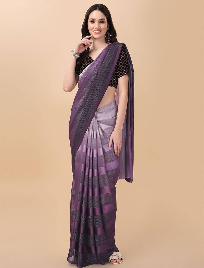 Purple satin embroidered zari work saree with blouse