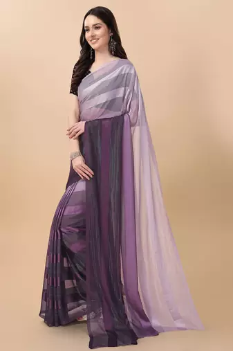 Purple satin embroidered zari work saree with blouse