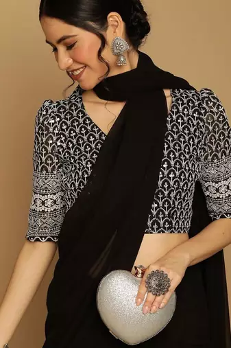Black georgette embroidered zari work saree with blouse