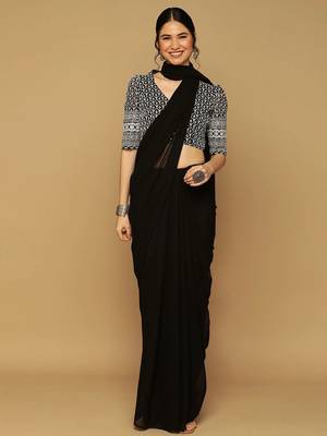 Black georgette embroidered zari work saree with blouse 1