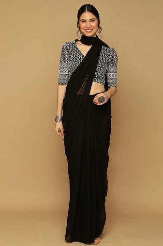 Black georgette embroidered zari work saree with blouse