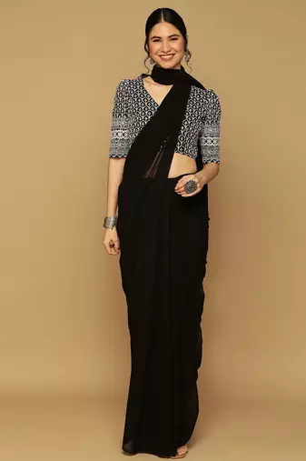 Black georgette embroidered zari work saree with blouse