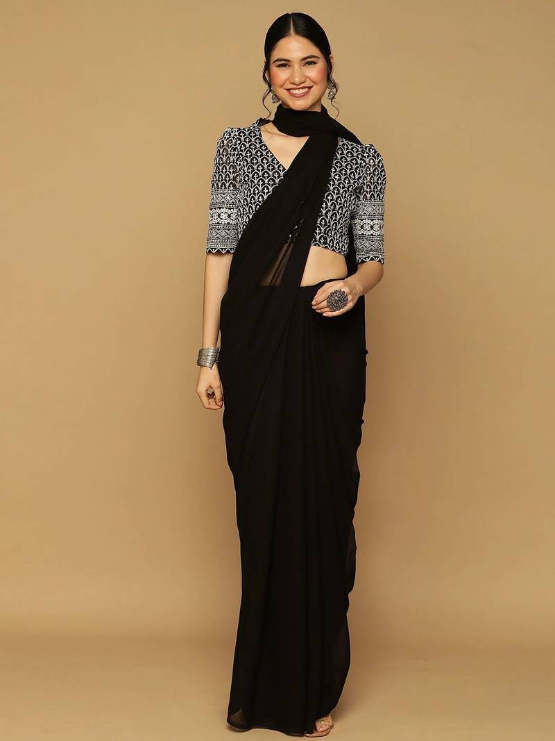 Black georgette embroidered zari work saree with blouse