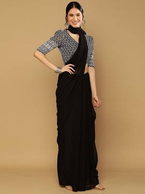Black georgette embroidered zari work saree with blouse 3