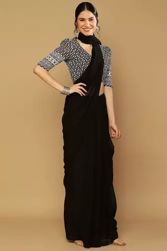 Black georgette embroidered zari work saree with blouse