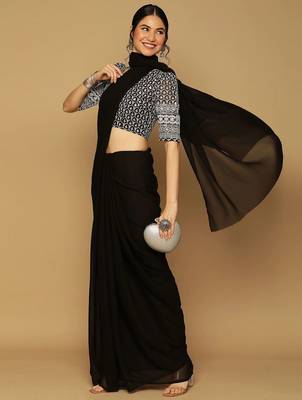 Black georgette embroidered zari work saree with blouse 4
