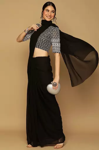 Black georgette embroidered zari work saree with blouse