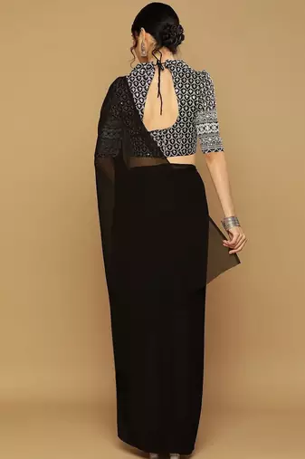Black georgette embroidered zari work saree with blouse
