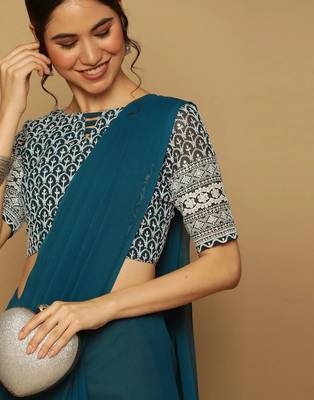 Light blue georgette embroidered zari work saree with blouse 2