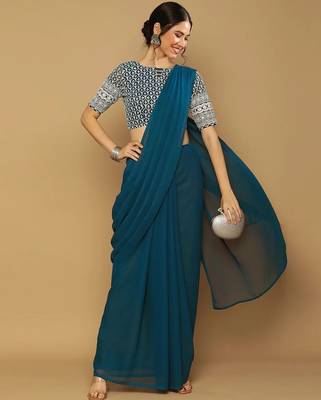 Light blue georgette embroidered zari work saree with blouse 1