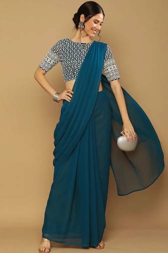Light blue georgette embroidered zari work saree with blouse