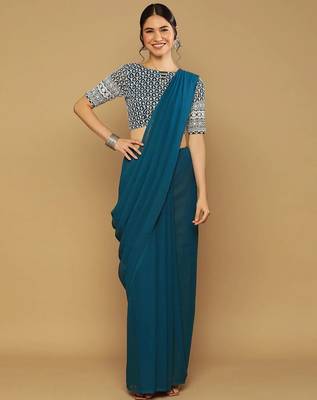 Light blue georgette embroidered zari work saree with blouse 3