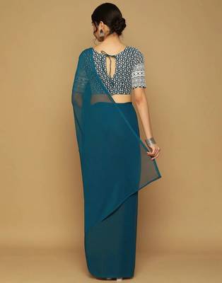 Light blue georgette embroidered zari work saree with blouse 4