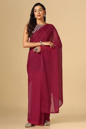 Maroon georgette embroidered zari work saree with blouse