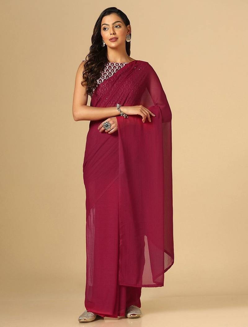 Maroon georgette embroidered zari work saree with blouse