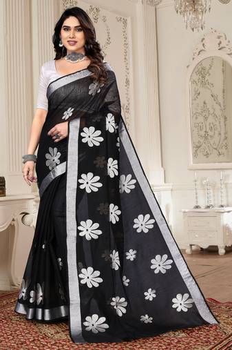 Black chanderi printed zari work saree with blouse