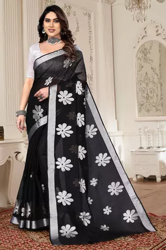 Black chanderi printed zari work saree with blouse