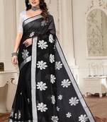 Black chanderi printed zari work saree with blouse