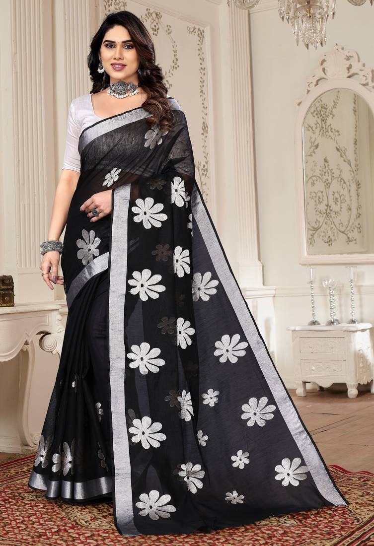 Black chanderi printed zari work saree with blouse