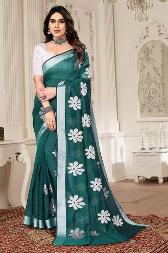 Green chanderi printed zari work saree with blouse